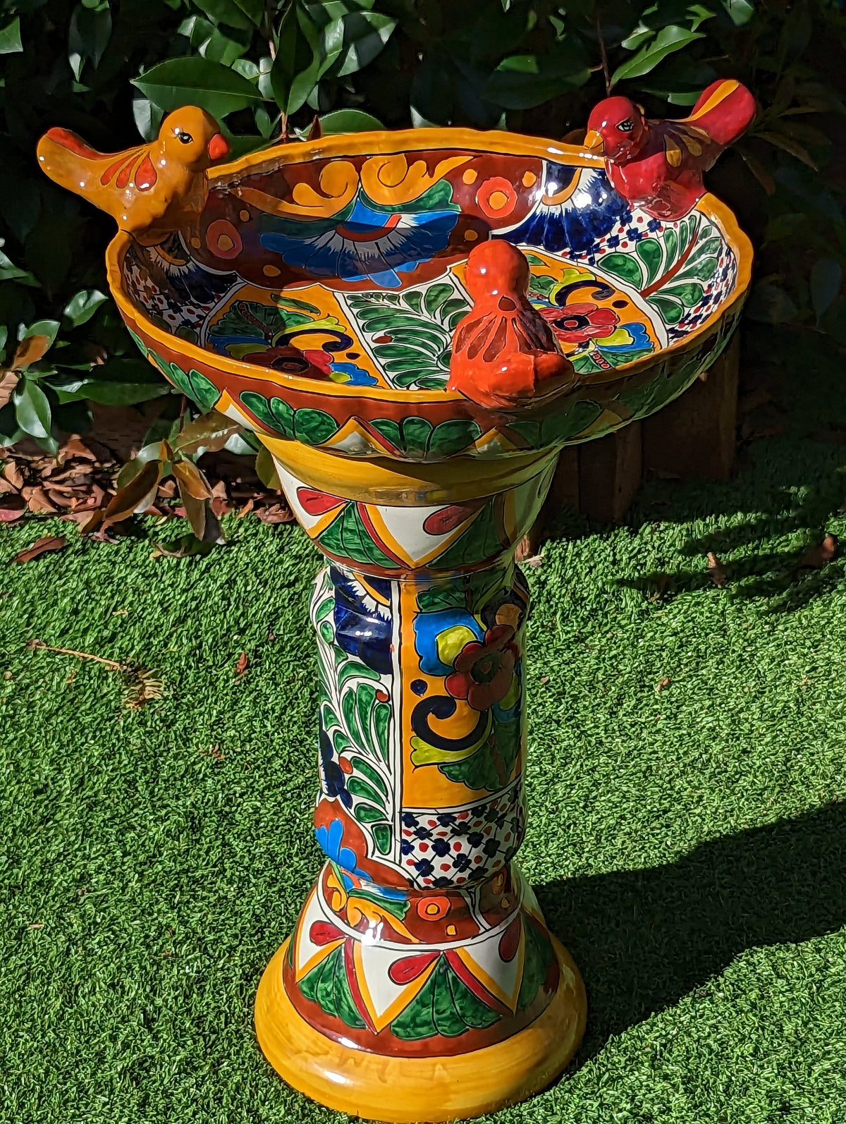 Bird Bath Garden Decor, Talavera Pottery, Handmade Mexican Pedestal & Basin for Birds Doubles as Stunning Yard Art, Gorgeous Outdoor Decor