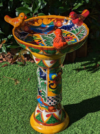 Bird Bath Garden Decor, Talavera Pottery, Handmade Mexican Pedestal & Basin for Birds Doubles as Stunning Yard Art, Gorgeous Outdoor Decor