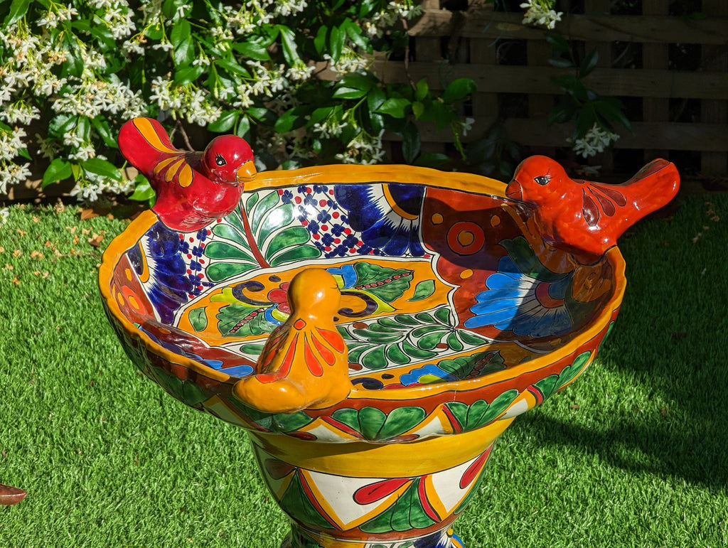 Bird Bath Garden Decor, Talavera Pottery, Handmade Mexican Pedestal & Basin for Birds Doubles as Stunning Yard Art, Gorgeous Outdoor Decor