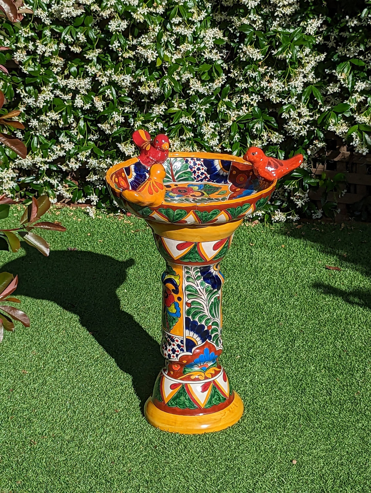 Bird Bath Garden Decor, Talavera Pottery, Handmade Mexican Pedestal & Basin for Birds Doubles as Stunning Yard Art, Gorgeous Outdoor Decor