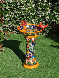 Bird Bath Garden Decor, Talavera Pottery, Handmade Mexican Pedestal & Basin for Birds Doubles as Stunning Yard Art, Gorgeous Outdoor Decor