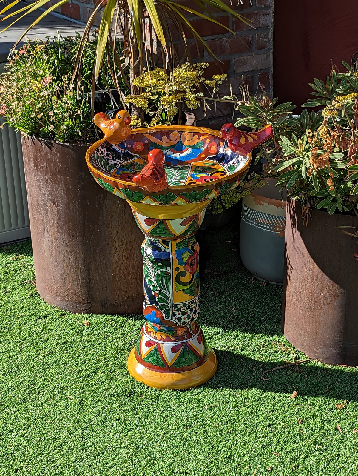 Bird Bath Garden Decor, Talavera Pottery, Handmade Mexican Pedestal & Basin for Birds Doubles as Stunning Yard Art, Gorgeous Outdoor Decor