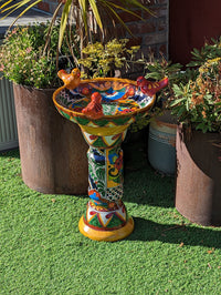 Bird Bath Garden Decor, Talavera Pottery, Handmade Mexican Pedestal & Basin for Birds Doubles as Stunning Yard Art, Gorgeous Outdoor Decor