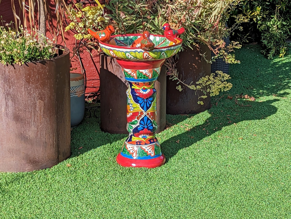 Bird Bath Garden Decor, Talavera Pottery, Handmade Mexican Pedestal & Basin for Birds Doubles as Stunning Yard Art, Gorgeous Outdoor Decor