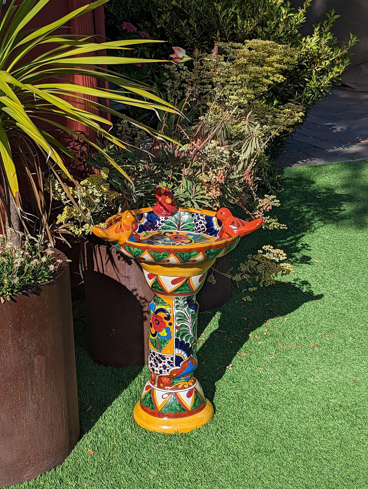 Bird Bath Garden Decor, Talavera Pottery, Handmade Mexican Pedestal & Basin for Birds Doubles as Stunning Yard Art, Gorgeous Outdoor Decor