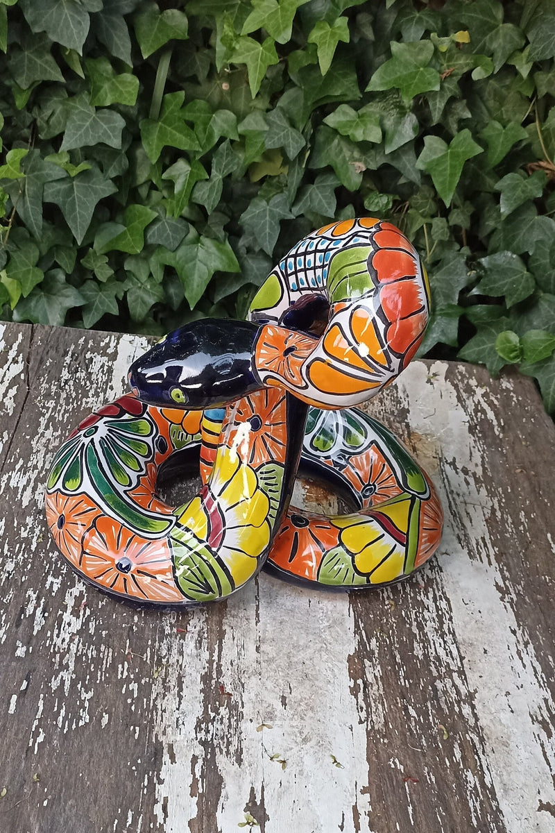 Talavera Rattlesnake, Ceramic Rattlesnake Figurine, Rattlesnake Gifts, Garden Statue, Talavera Pottery, Handmade, Hand Painted in Mexico