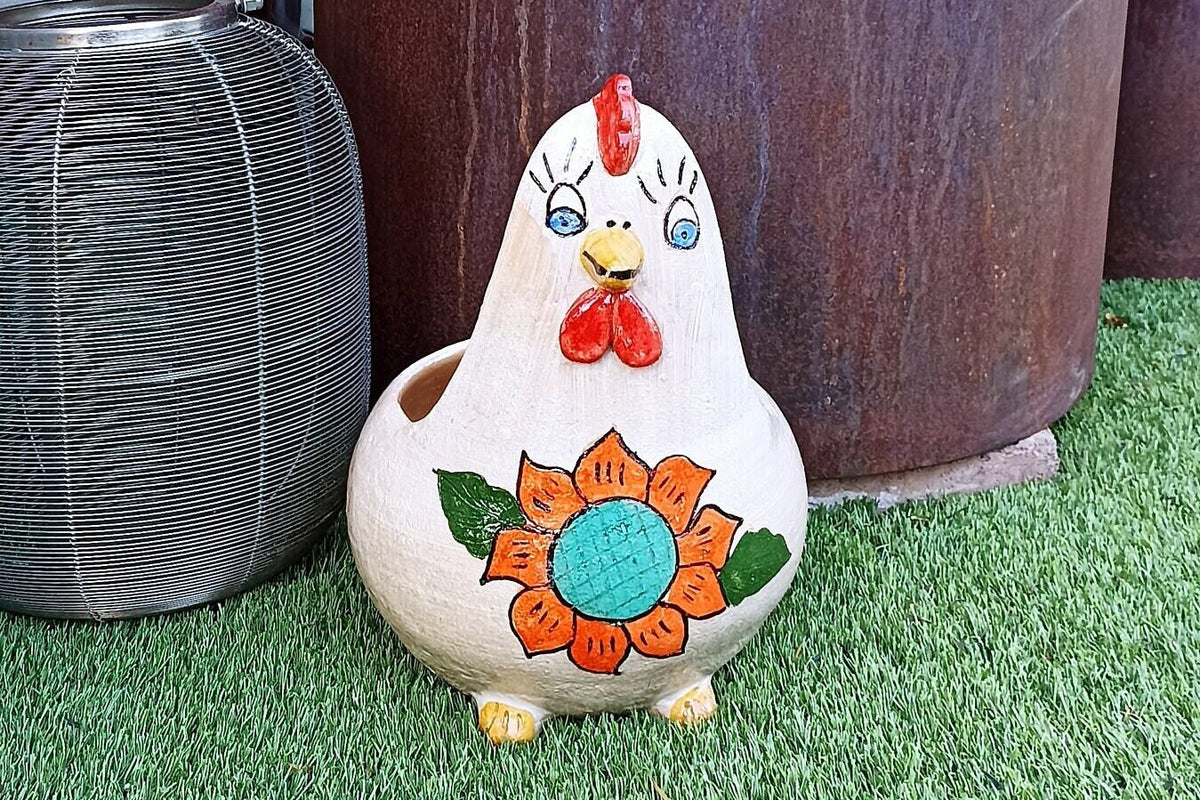 Ceramic Chicken Planter, Flower Pot, Handmade Mexican Pottery from Atzompa, Mexico, Home Decor, Indoor or Outdoor Decor, Charming Plant Pot