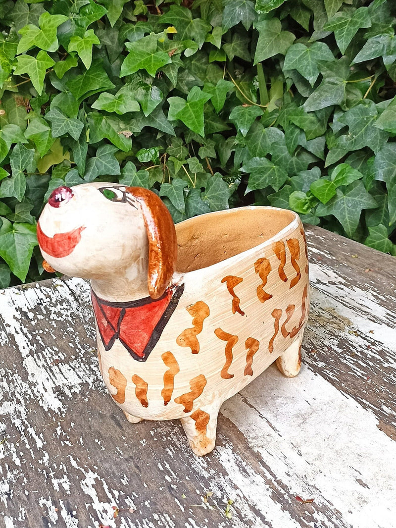 Ceramic Dog Planter, Flower Pot, Handmade Mexican Pottery from Atzompa, Mexico, Home Decor, Indoor or Outdoor Decor, Charming Plant Pot