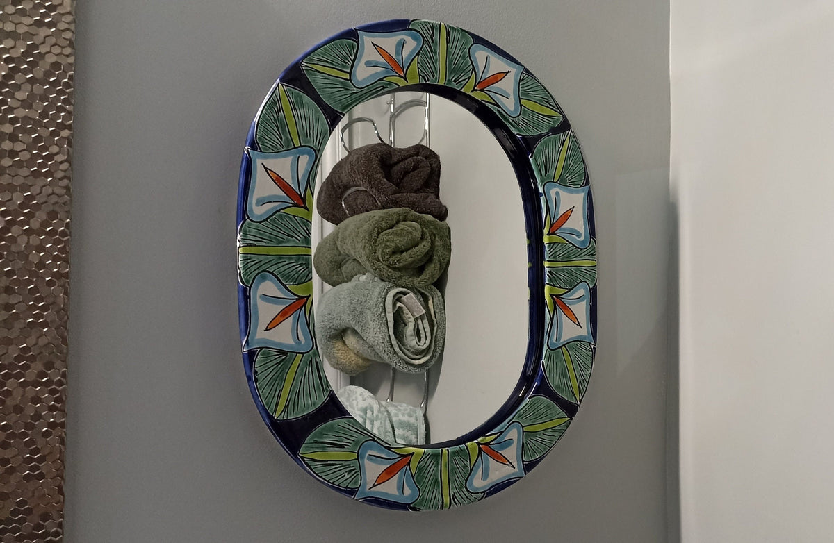 Bathroom Mirror, Talavera Wall Decor, Lillies Vanity Mirror, Oval Decorative Mirror, Ceramic Mirror Can Hang Vertically or Horizontally