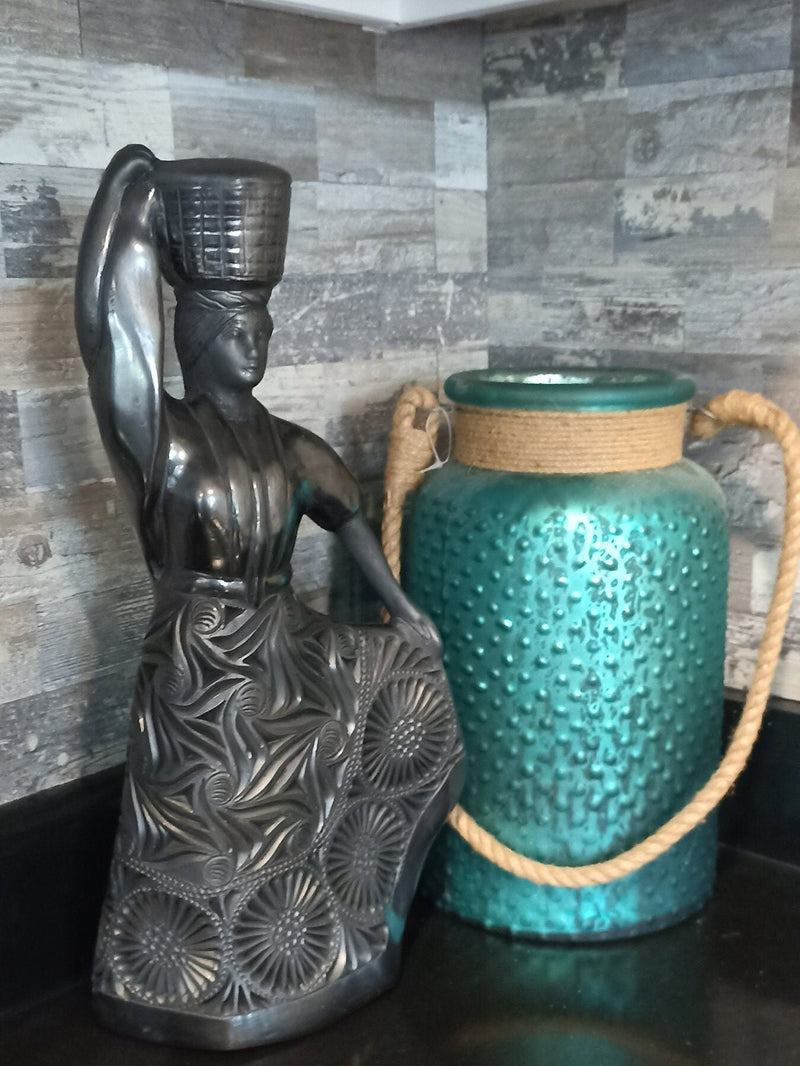 Lady Carrying a Basket Home Decor, Stunning Barro Negro Black Clay Handmade Mexican Pottery from San Bartolo near Oaxaca, Mexico