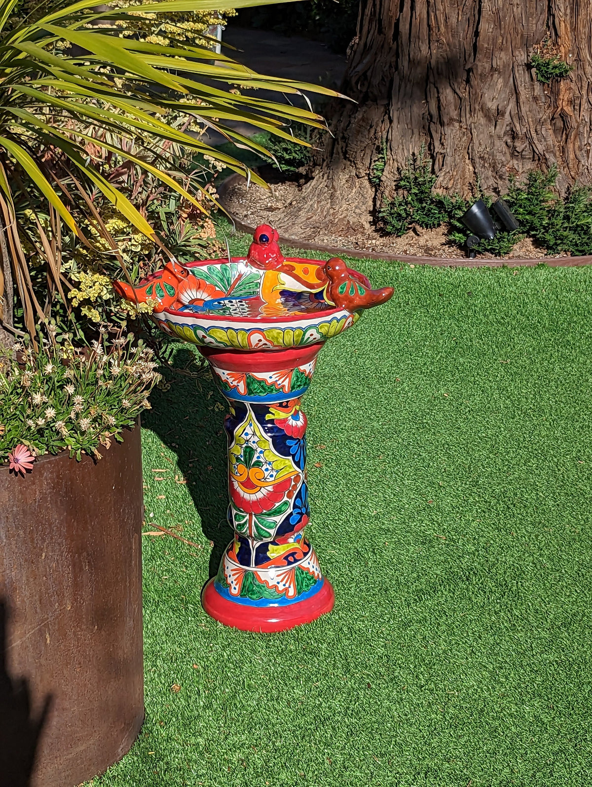 Bird Bath Garden Decor, Talavera Pottery, Handmade Mexican Pedestal & Basin for Birds Doubles as Stunning Yard Art, Gorgeous Outdoor Decor