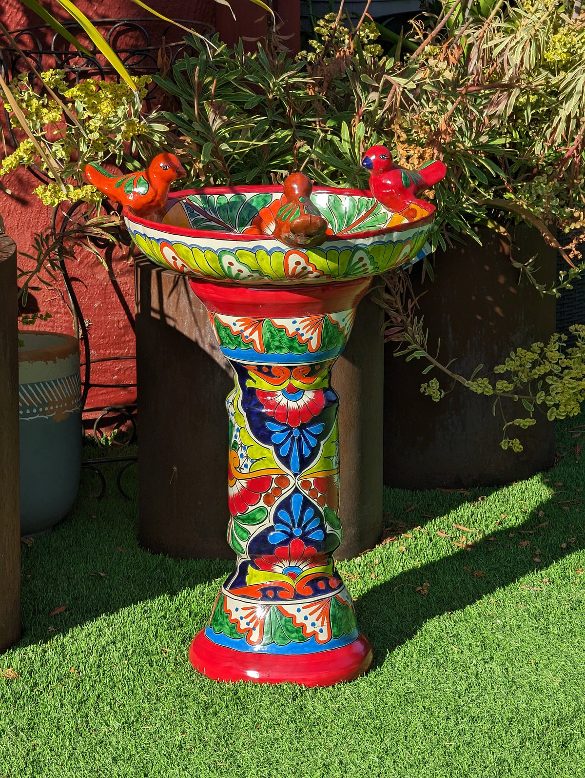 Bird Bath Garden Decor, Talavera Pottery, Handmade Mexican Pedestal & Basin for Birds Doubles as Stunning Yard Art, Gorgeous Outdoor Decor