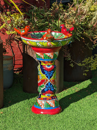 Bird Bath Garden Decor, Talavera Pottery, Handmade Mexican Pedestal & Basin for Birds Doubles as Stunning Yard Art, Gorgeous Outdoor Decor
