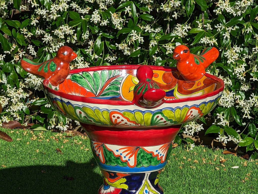 Bird Bath Garden Decor, Talavera Pottery, Handmade Mexican Pedestal & Basin for Birds Doubles as Stunning Yard Art, Gorgeous Outdoor Decor