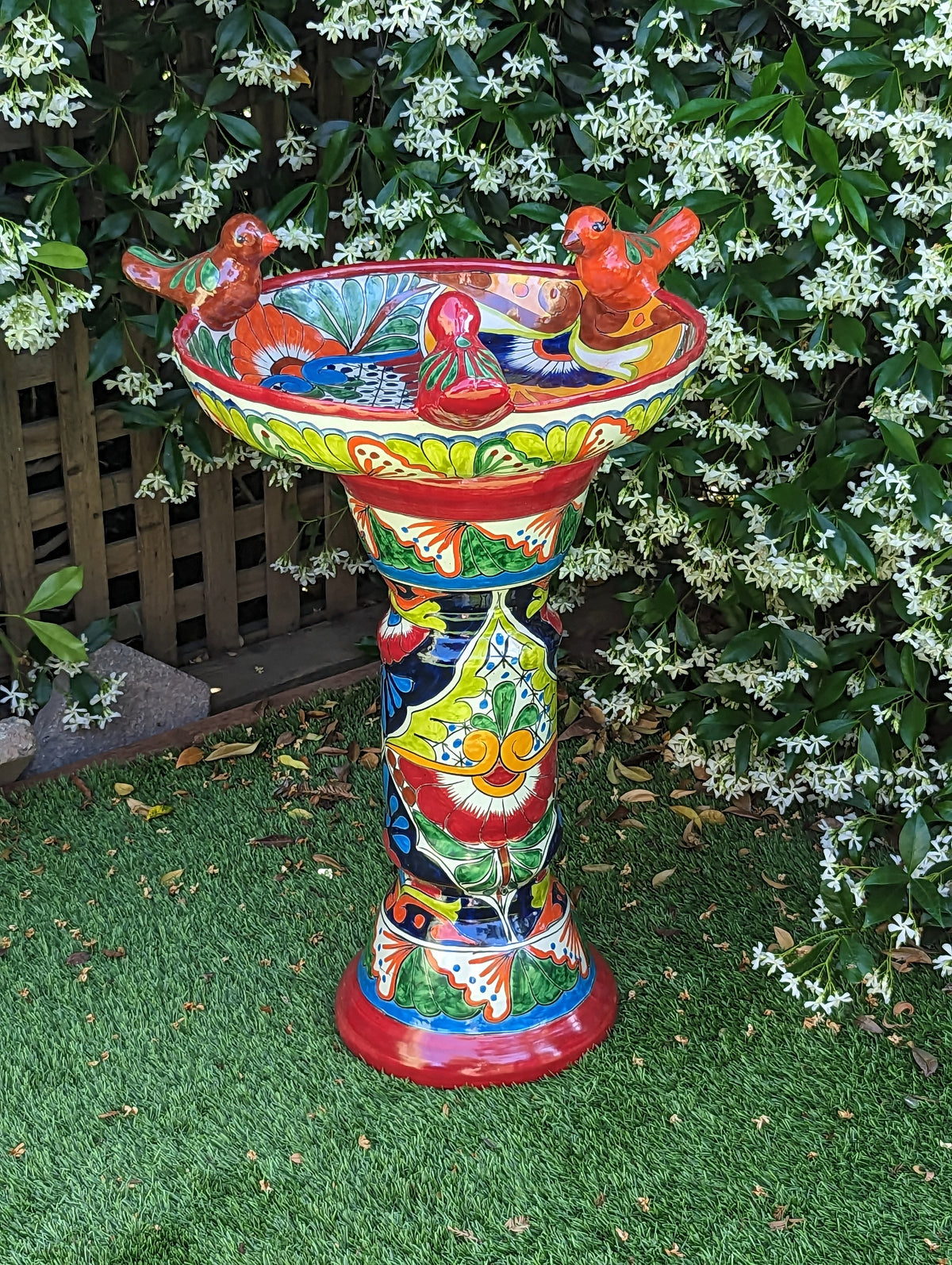 Bird Bath Garden Decor, Talavera Pottery, Handmade Mexican Pedestal & Basin for Birds Doubles as Stunning Yard Art, Gorgeous Outdoor Decor