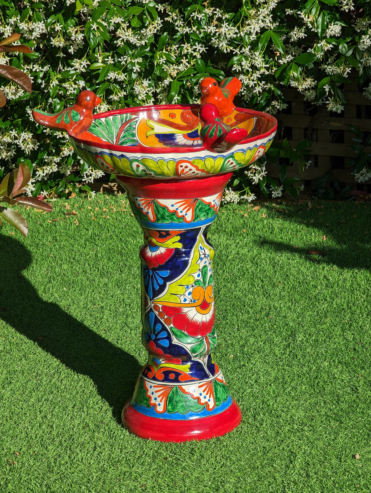 Bird Bath Garden Decor, Talavera Pottery, Handmade Mexican Pedestal & Basin for Birds Doubles as Stunning Yard Art, Gorgeous Outdoor Decor