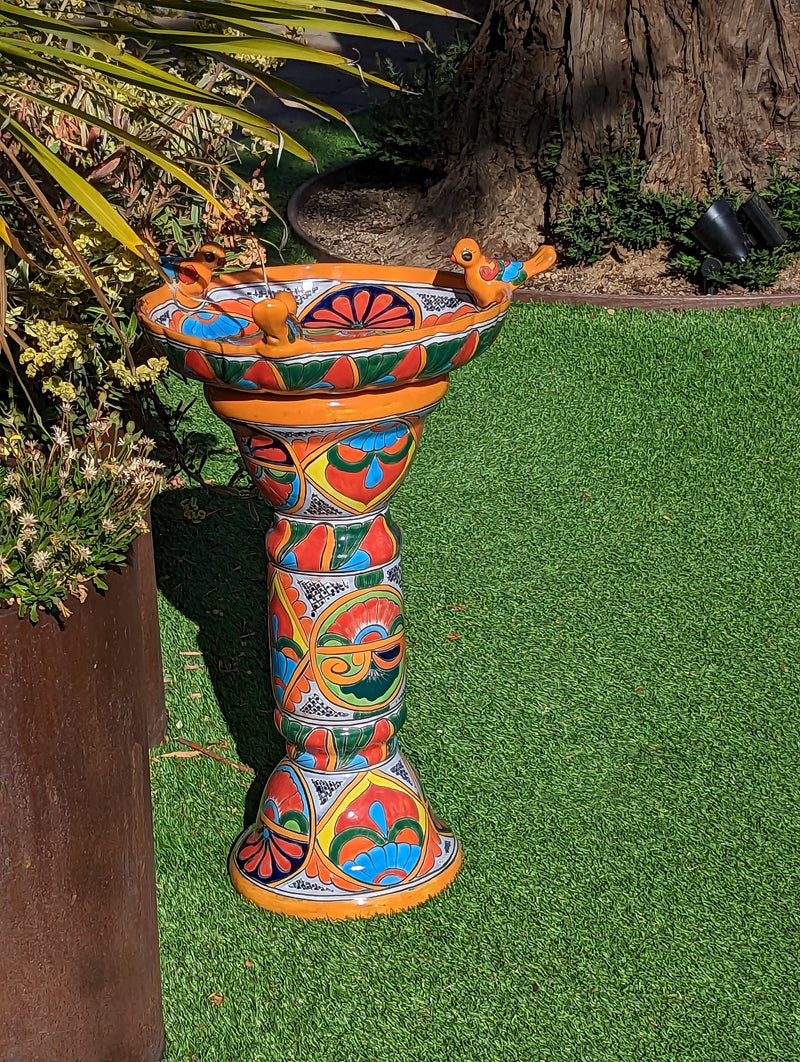 Bird Bath Garden Decor, Talavera Pottery, Handmade Mexican Pedestal & Basin for Birds Doubles as Stunning Yard Art, Gorgeous Outdoor Decor