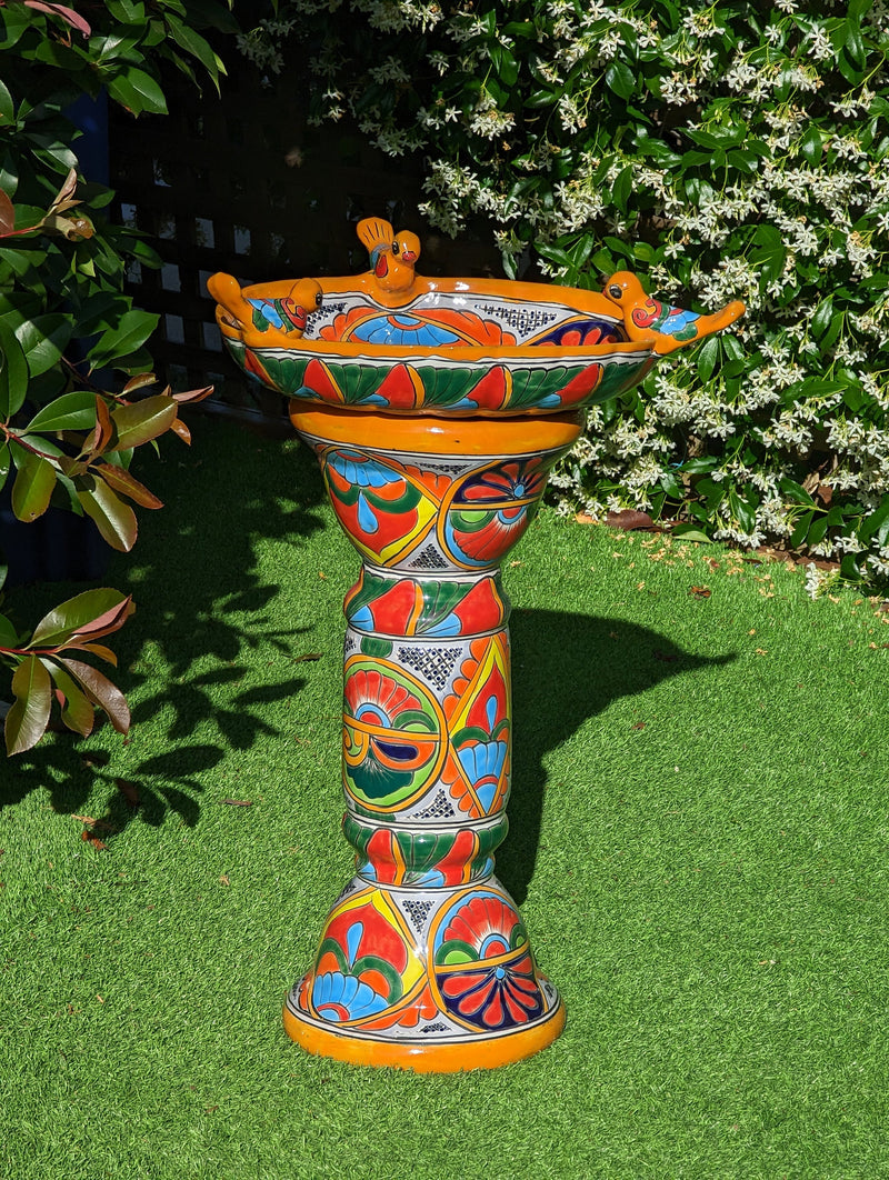 Bird Bath Garden Decor, Talavera Pottery, Handmade Mexican Pedestal & Basin for Birds Doubles as Stunning Yard Art, Gorgeous Outdoor Decor