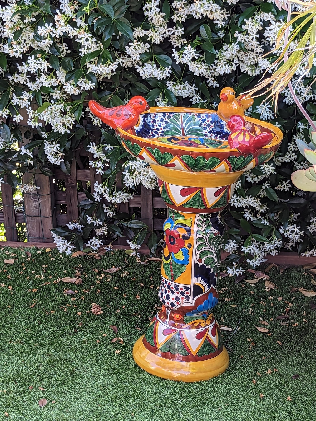Bird Bath Garden Decor, Talavera Pottery, Handmade Mexican Pedestal & Basin for Birds Doubles as Stunning Yard Art, Gorgeous Outdoor Decor