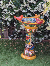 Bird Bath Garden Decor, Talavera Pottery, Handmade Mexican Pedestal & Basin for Birds Doubles as Stunning Yard Art, Gorgeous Outdoor Decor