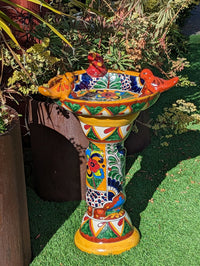 Bird Bath Garden Decor, Talavera Pottery, Handmade Mexican Pedestal & Basin for Birds Doubles as Stunning Yard Art, Gorgeous Outdoor Decor