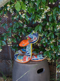 Talavera Rattlesnake Figurine, Ceramic Mexican Pottery, Snake Outdoor Decor and Garden Statue, Handmade in Mexico