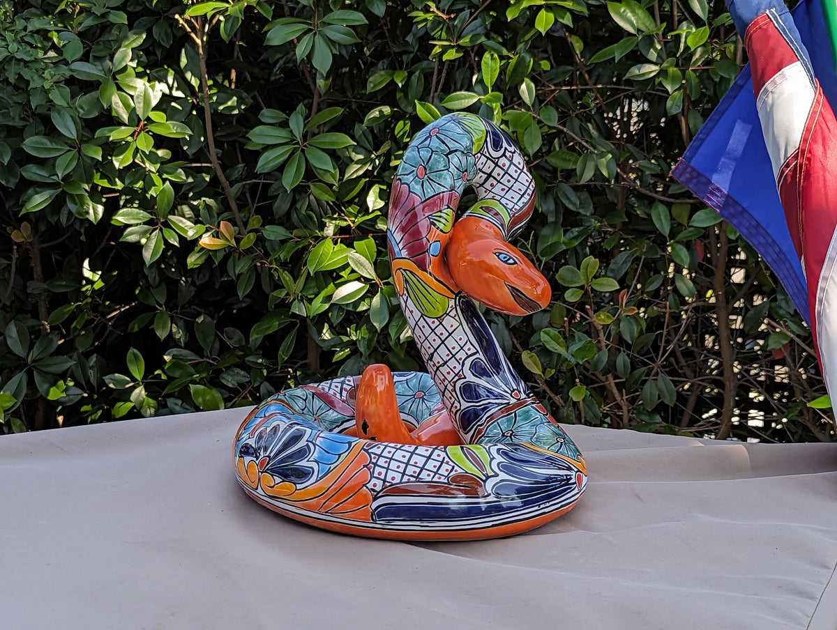 Talavera Rattlesnake Figurine, Ceramic Mexican Pottery, Snake Outdoor Decor and Garden Statue, Handmade in Mexico
