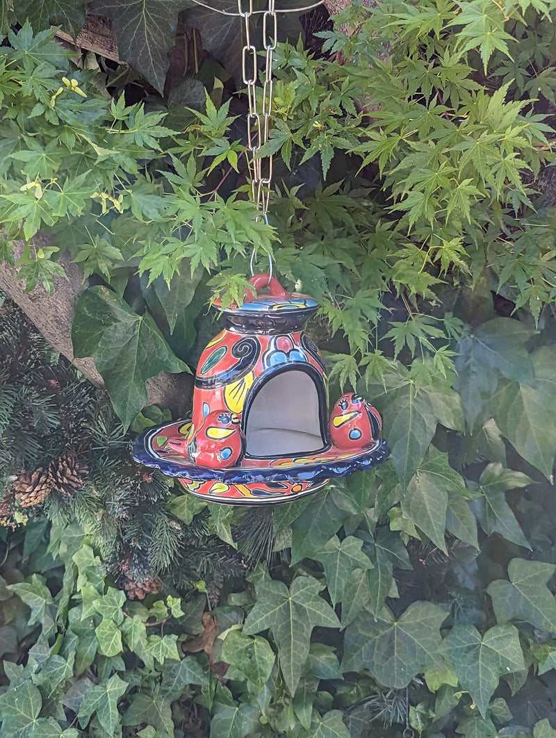 Ceramic Bird Feeder, Talavera Pottery, Decorative Outdoor Hanging Feeder Station w Chain, Handmade Mexican Pottery, Attract Wild Birds