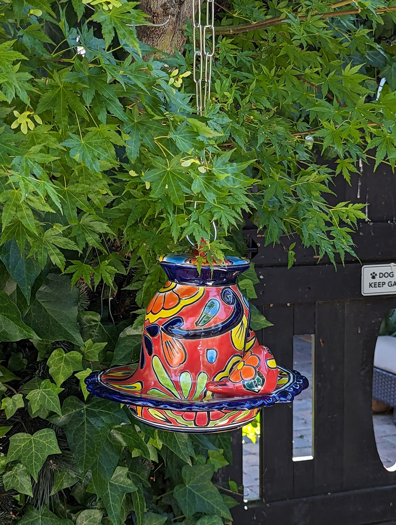 Ceramic Bird Feeder, Talavera Pottery, Decorative Outdoor Hanging Feeder Station w Chain, Handmade Mexican Pottery, Attract Wild Birds