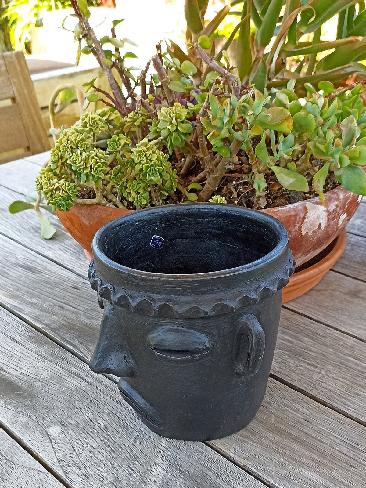 Sad Face Planter, Clay Flower Pot, Handmade Mexican Pottery from Atzompa, Mexico, Home Decor, Indoor or Outdoor Decor, Barro Negro Plant Pot