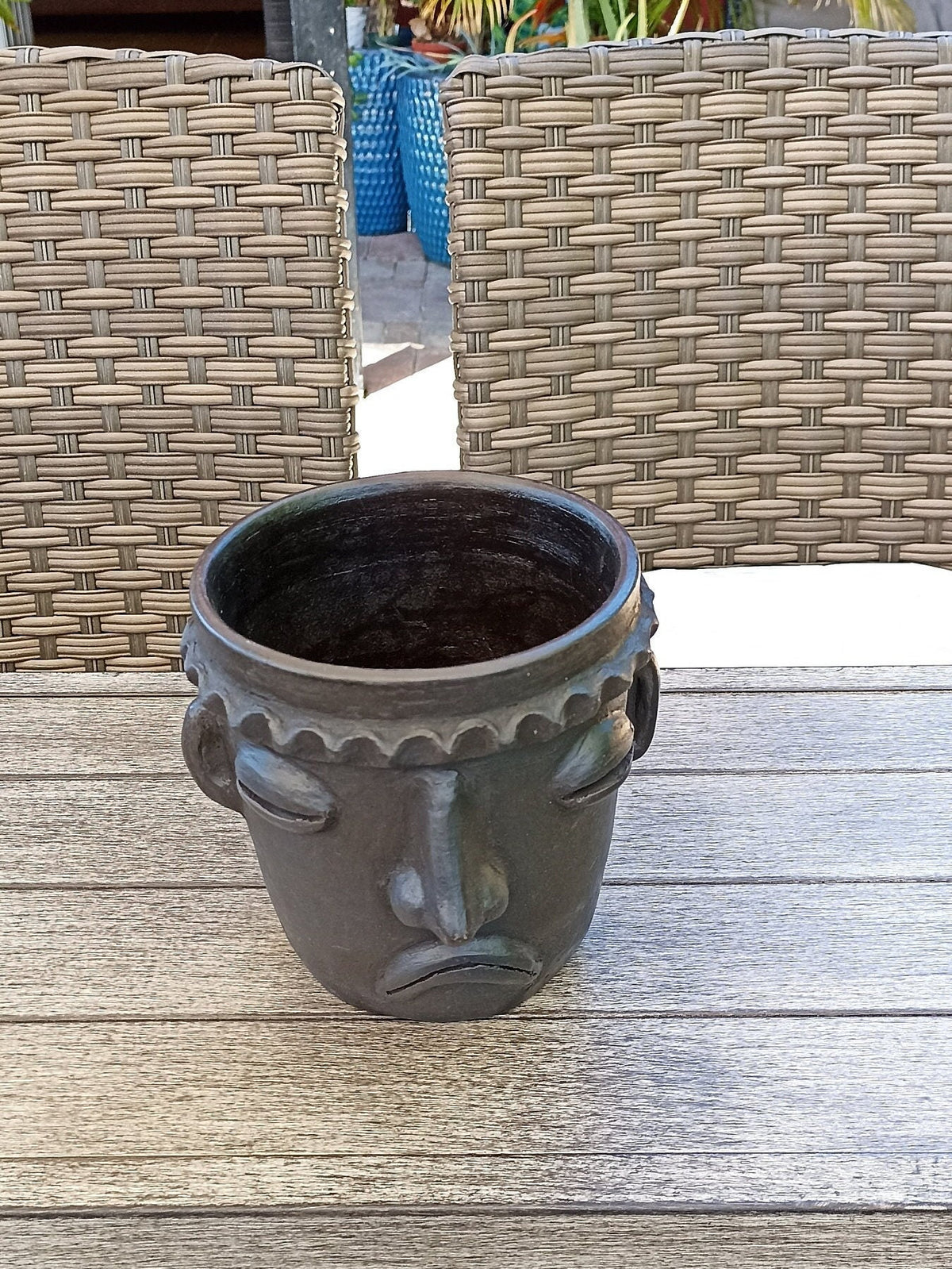 Sad Face Planter, Clay Flower Pot, Handmade Mexican Pottery from Atzompa, Mexico, Home Decor, Indoor or Outdoor Decor, Barro Negro Plant Pot