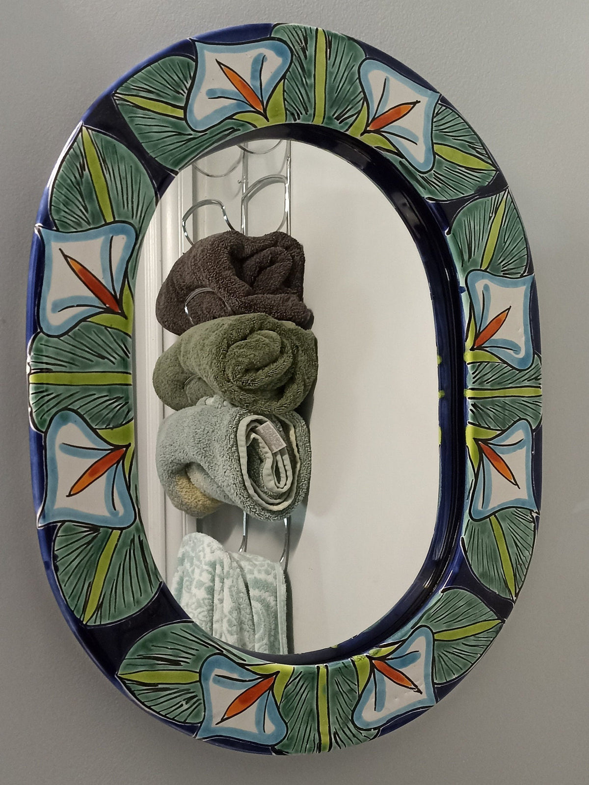 Bathroom Mirror, Talavera Wall Decor, Lillies Vanity Mirror, Oval Decorative Mirror, Ceramic Mirror Can Hang Vertically or Horizontally