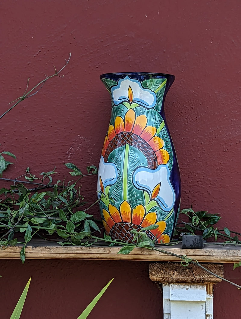 Talavera Vase, Ceramic Mexican Pottery, Handmade Decorative Flower Vase, Colorful Home Decor, Sunflowers and Lillies