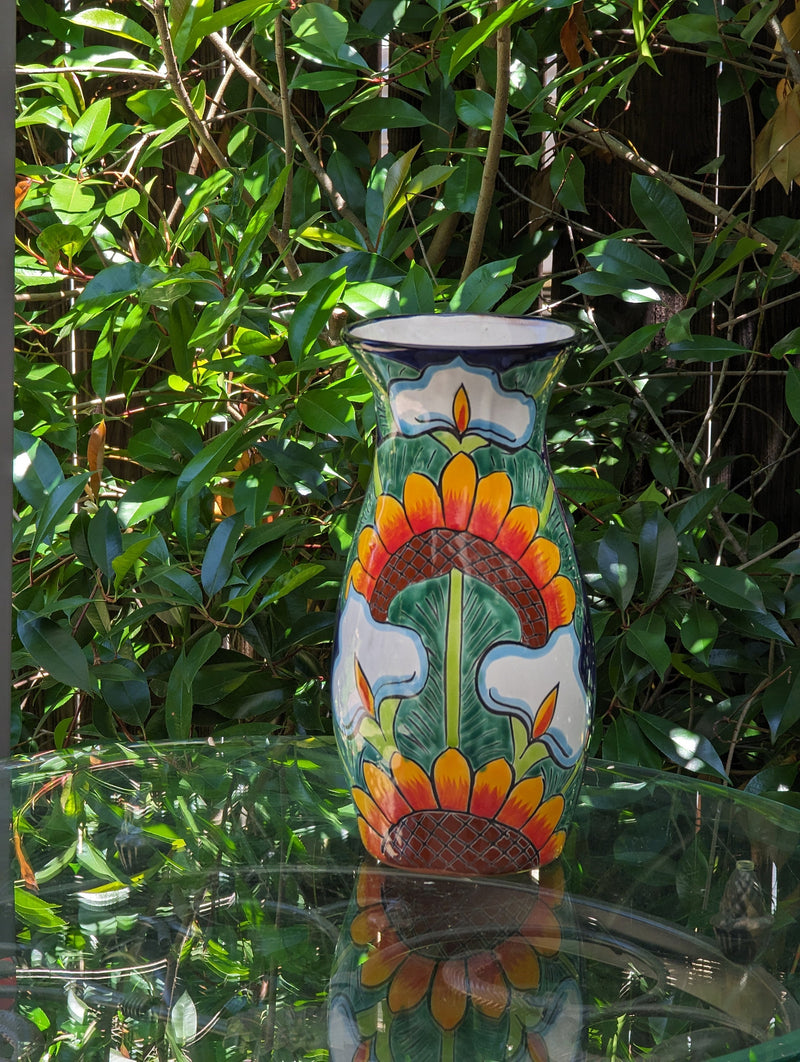 Talavera Vase, Ceramic Mexican Pottery, Handmade Decorative Flower Vase, Colorful Home Decor, Sunflowers and Lillies