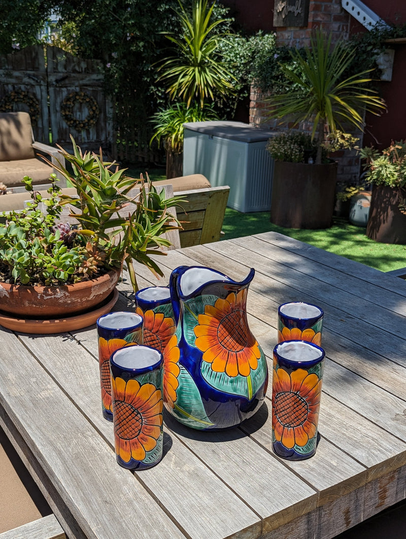 Talavera Ceramic Pitcher & Six Glasses, Handmade Talavera Pottery, Ceramic Water Pitcher, Ceramic Kitchen Pitcher, Mexican Pottery