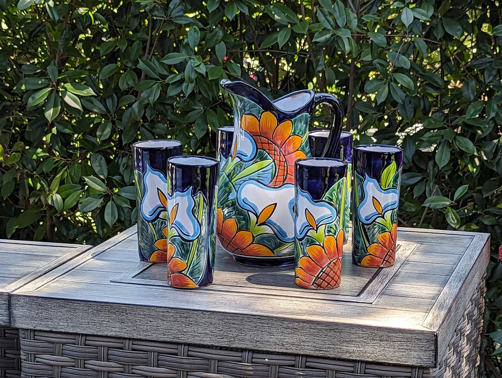 Talavera Ceramic Pitcher & Six Glasses, Handmade Mexican Pottery, Ceramic Water Pitcher Set for the Kitchen or Dining Room or Outdoor Picnic