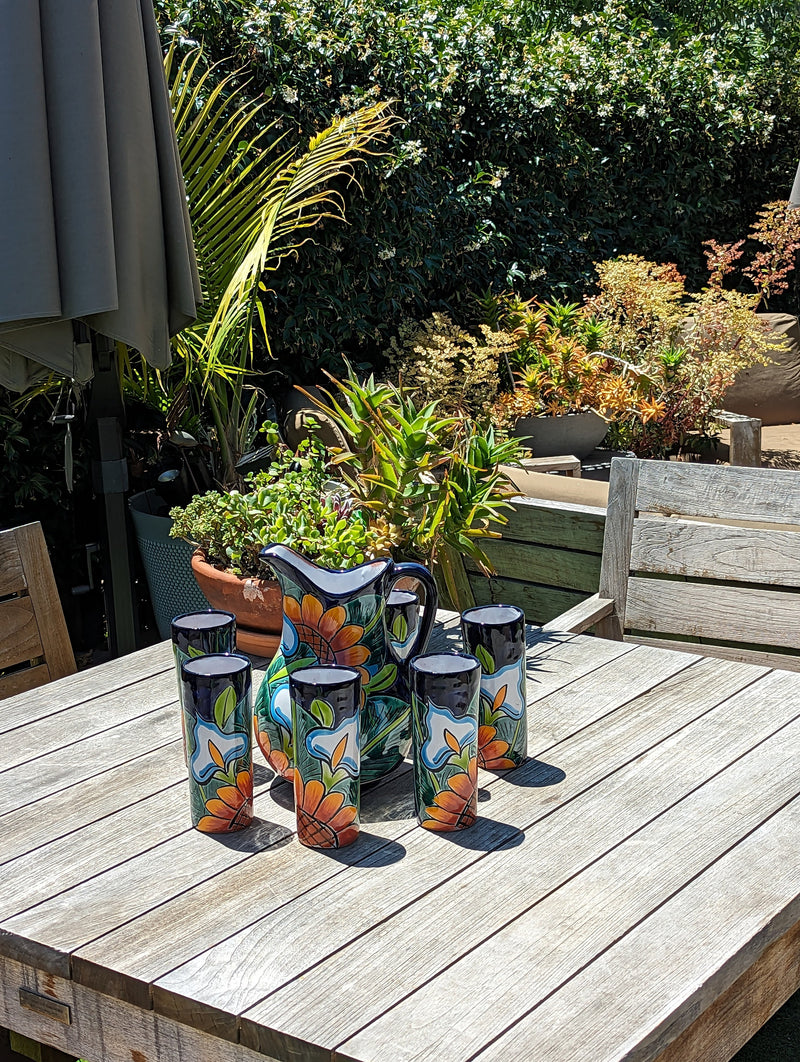 Talavera Ceramic Pitcher & Six Glasses, Handmade Mexican Pottery, Ceramic Water Pitcher Set for the Kitchen or Dining Room or Outdoor Picnic