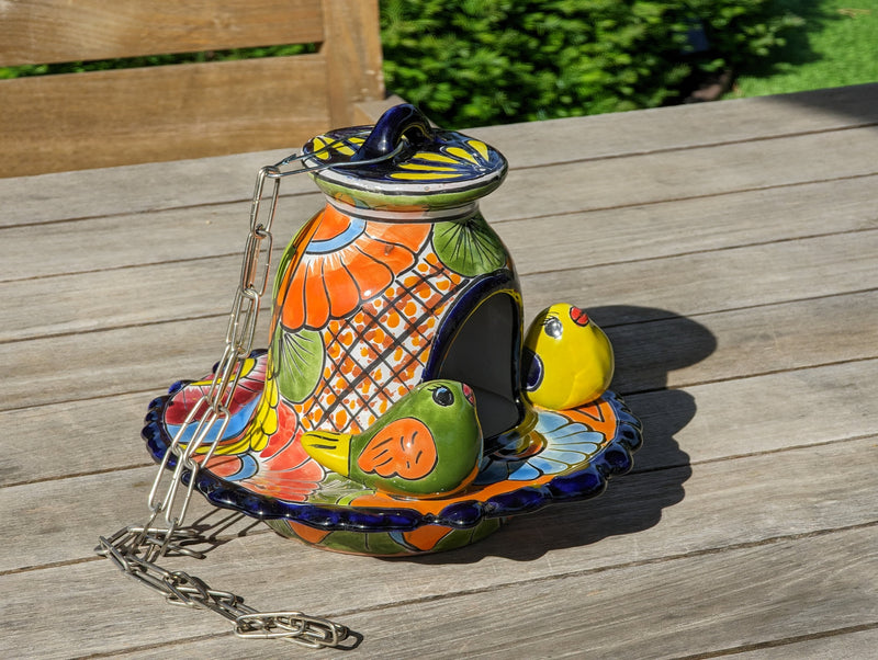 Ceramic Bird Feeder, Talavera Pottery, Decorative Outdoor Hanging Feeder Station w Chain, Handmade Mexican Pottery, Attract Wild Birds