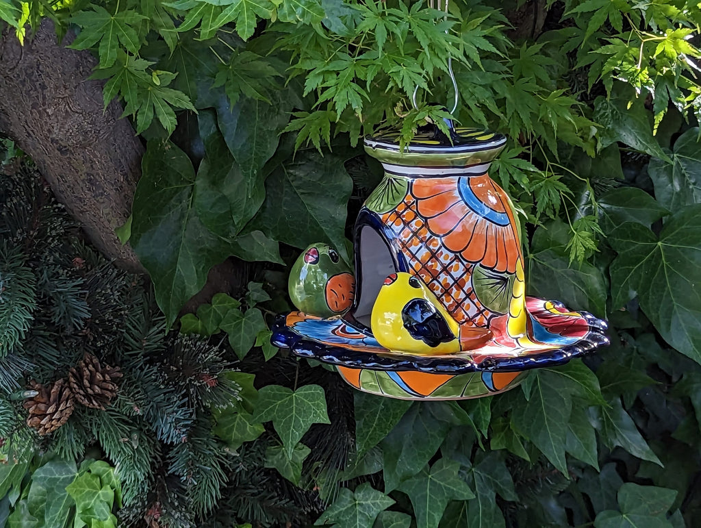 Ceramic Bird Feeder, Talavera Pottery, Decorative Outdoor Hanging Feeder Station w Chain, Handmade Mexican Pottery, Attract Wild Birds