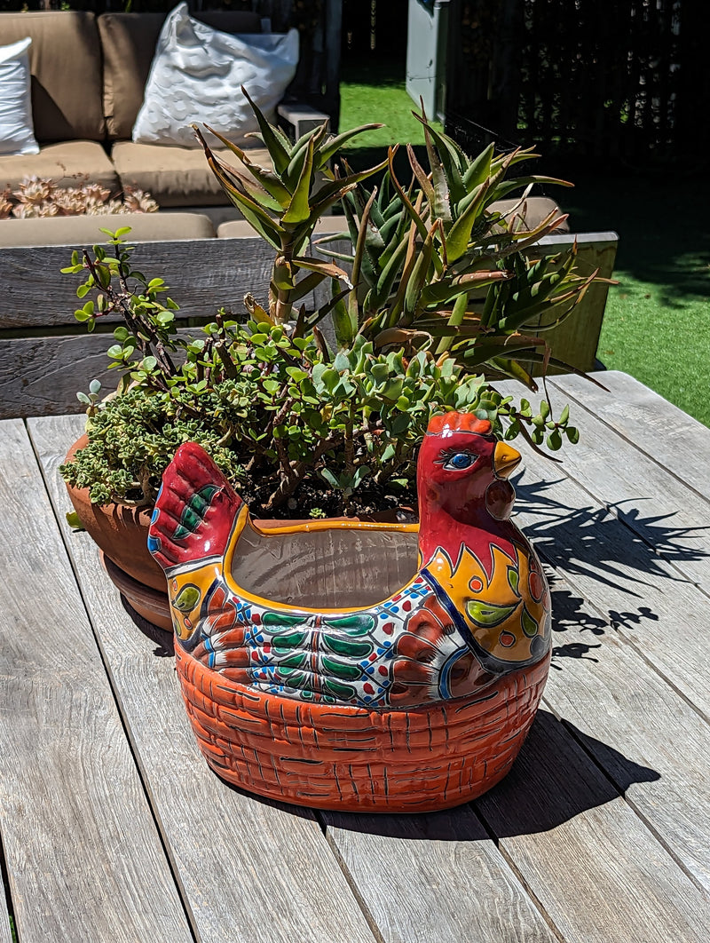 Talavera Chicken Ceramic Planter & Colorful Flower Pot, Handmade Outdoor Yard Decor or Indoor Plant Pot, Colorful Mexican Garden Decor