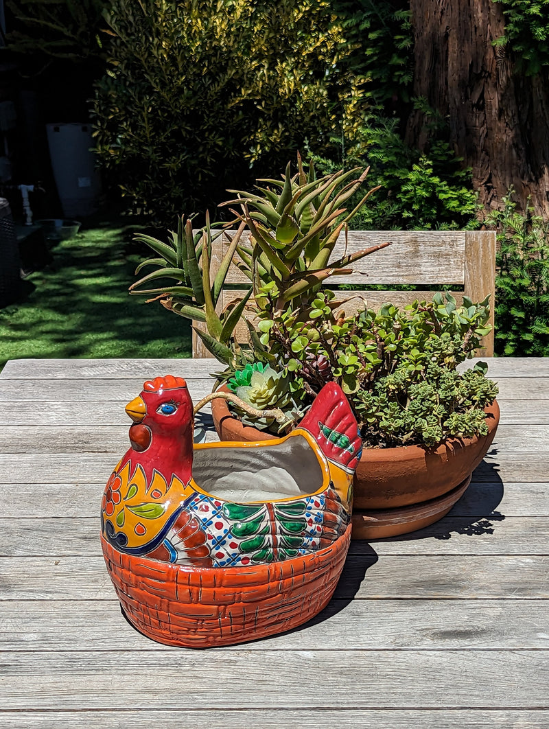 Talavera Chicken Ceramic Planter & Colorful Flower Pot, Handmade Outdoor Yard Decor or Indoor Plant Pot, Colorful Mexican Garden Decor