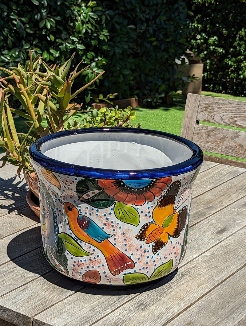 Birds & Blooms Round Flower Pot Ceramic Planter, Handmade Talavera Pottery use as Outdoor Garden Decor, Indoor Home Decor, Housewarming Gift