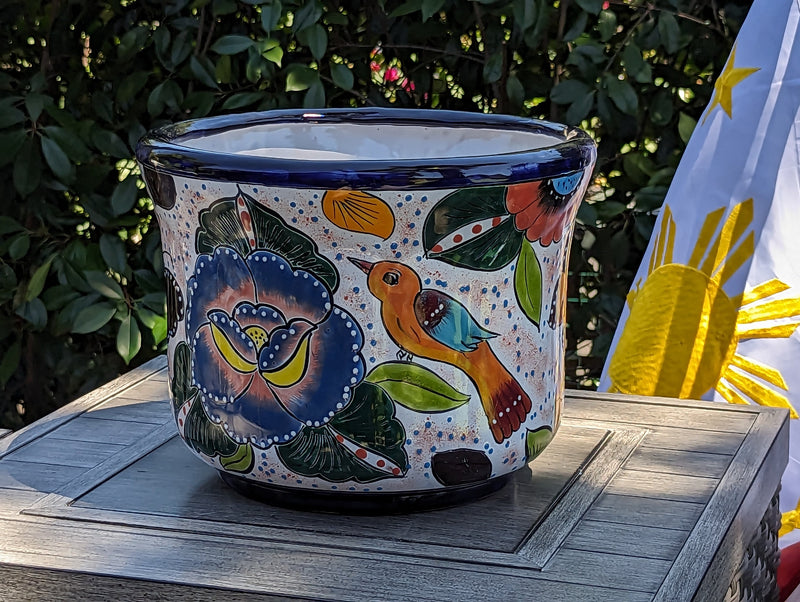 Birds & Blooms Round Flower Pot Ceramic Planter, Handmade Talavera Pottery use as Outdoor Garden Decor, Indoor Home Decor, Housewarming Gift