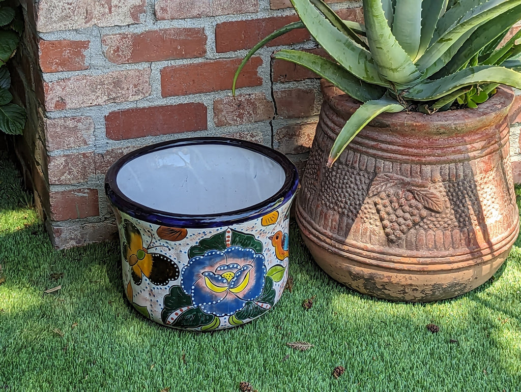 Birds & Blooms Round Flower Pot Ceramic Planter, Handmade Talavera Pottery use as Outdoor Garden Decor, Indoor Home Decor, Housewarming Gift