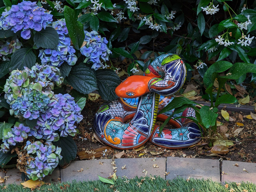 Talavera Rattlesnake Figurine, Ceramic Mexican Pottery, Snake Outdoor Decor and Garden Statue, Handmade in Mexico