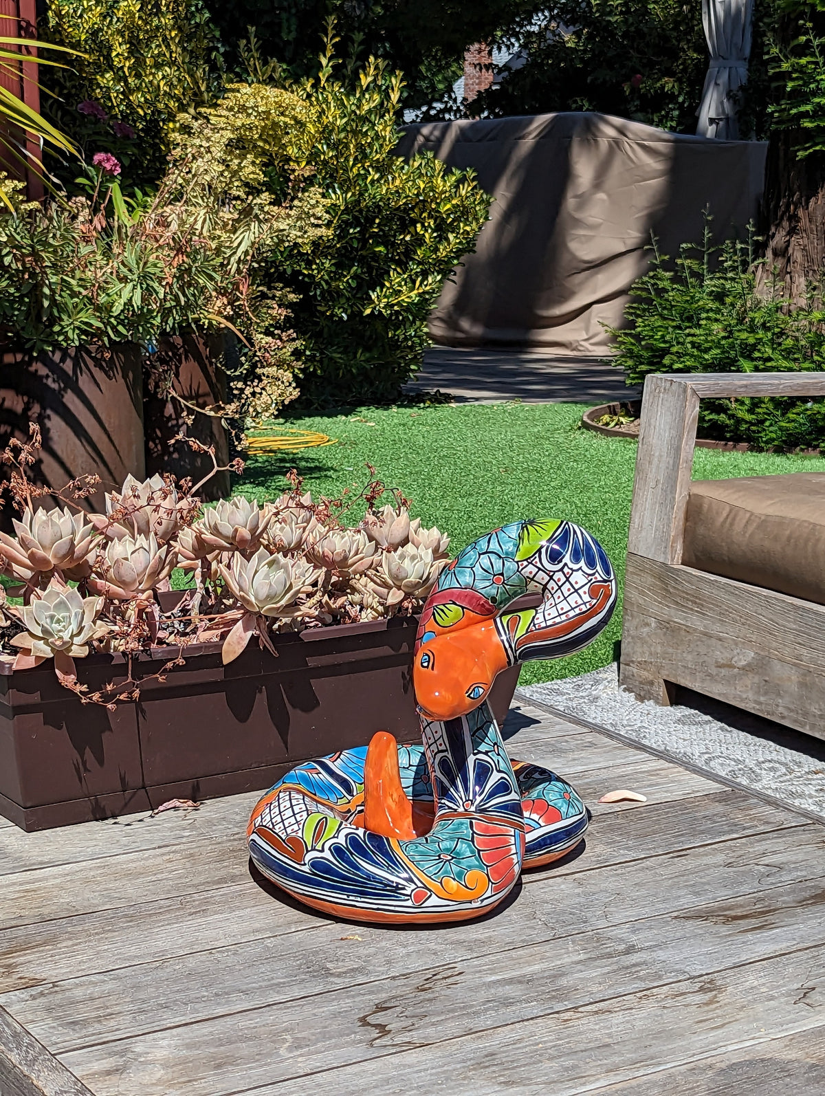 Talavera Rattlesnake Figurine, Ceramic Mexican Pottery, Snake Outdoor Decor and Garden Statue, Handmade in Mexico