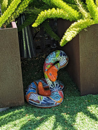 Talavera Rattlesnake Figurine, Ceramic Mexican Pottery, Snake Outdoor Decor and Garden Statue, Handmade in Mexico