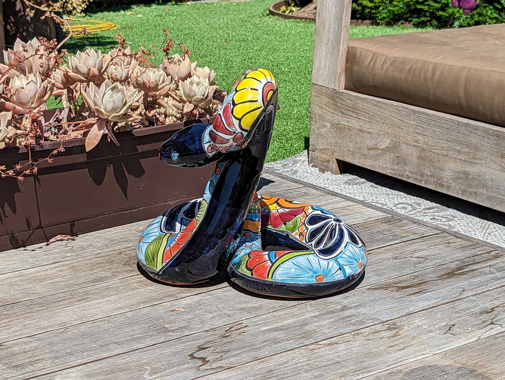 Talavera Rattlesnake Figurine, Ceramic Mexican Pottery, Snake Outdoor Decor and Garden Statue, Handmade in Mexico