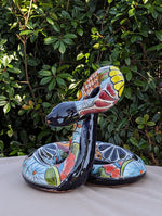 Talavera Rattlesnake Figurine, Ceramic Mexican Pottery, Snake Outdoor Decor and Garden Statue, Handmade in Mexico