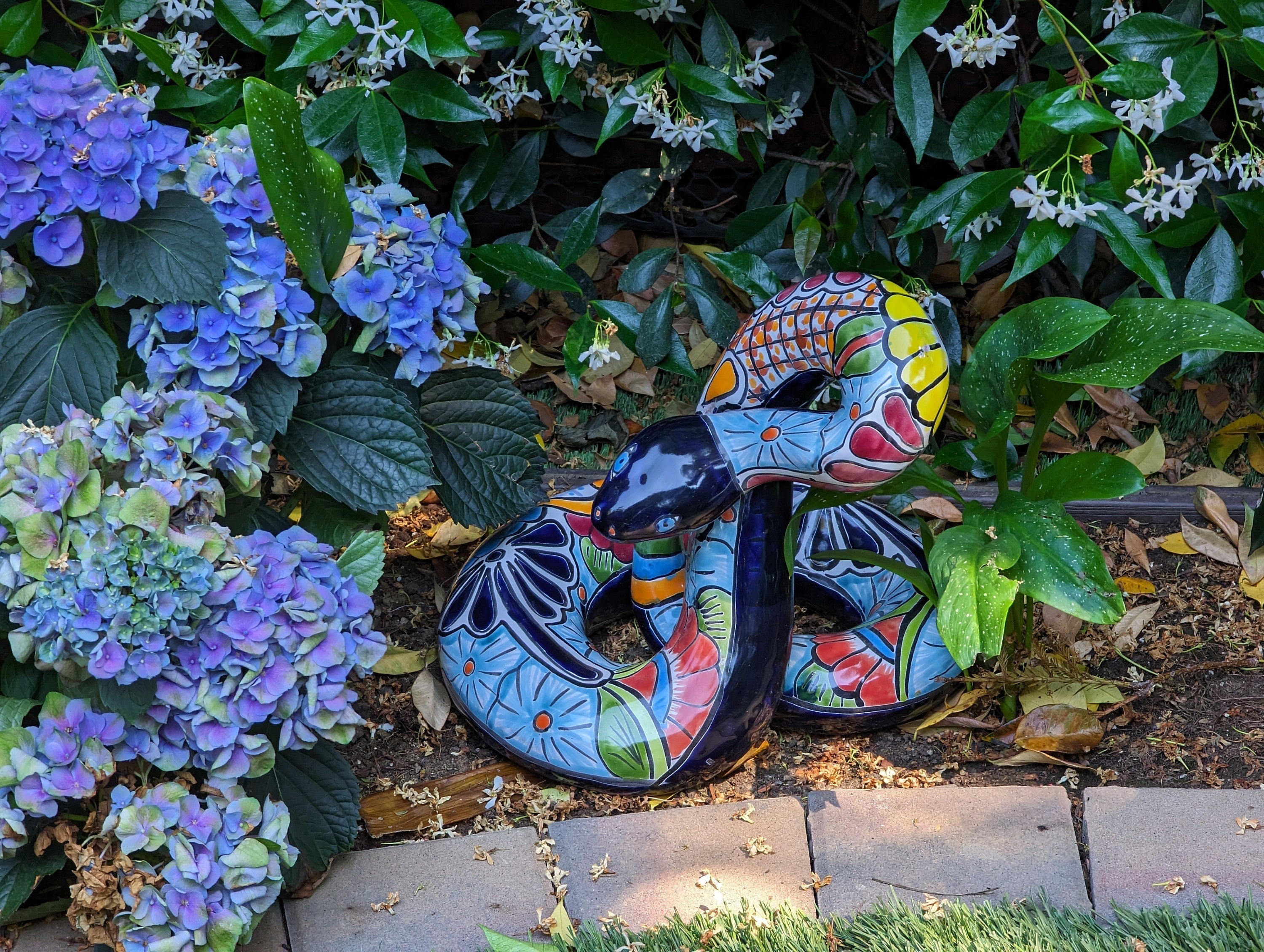 Talavera Rattlesnake Figurine, Ceramic Mexican Pottery, Snake